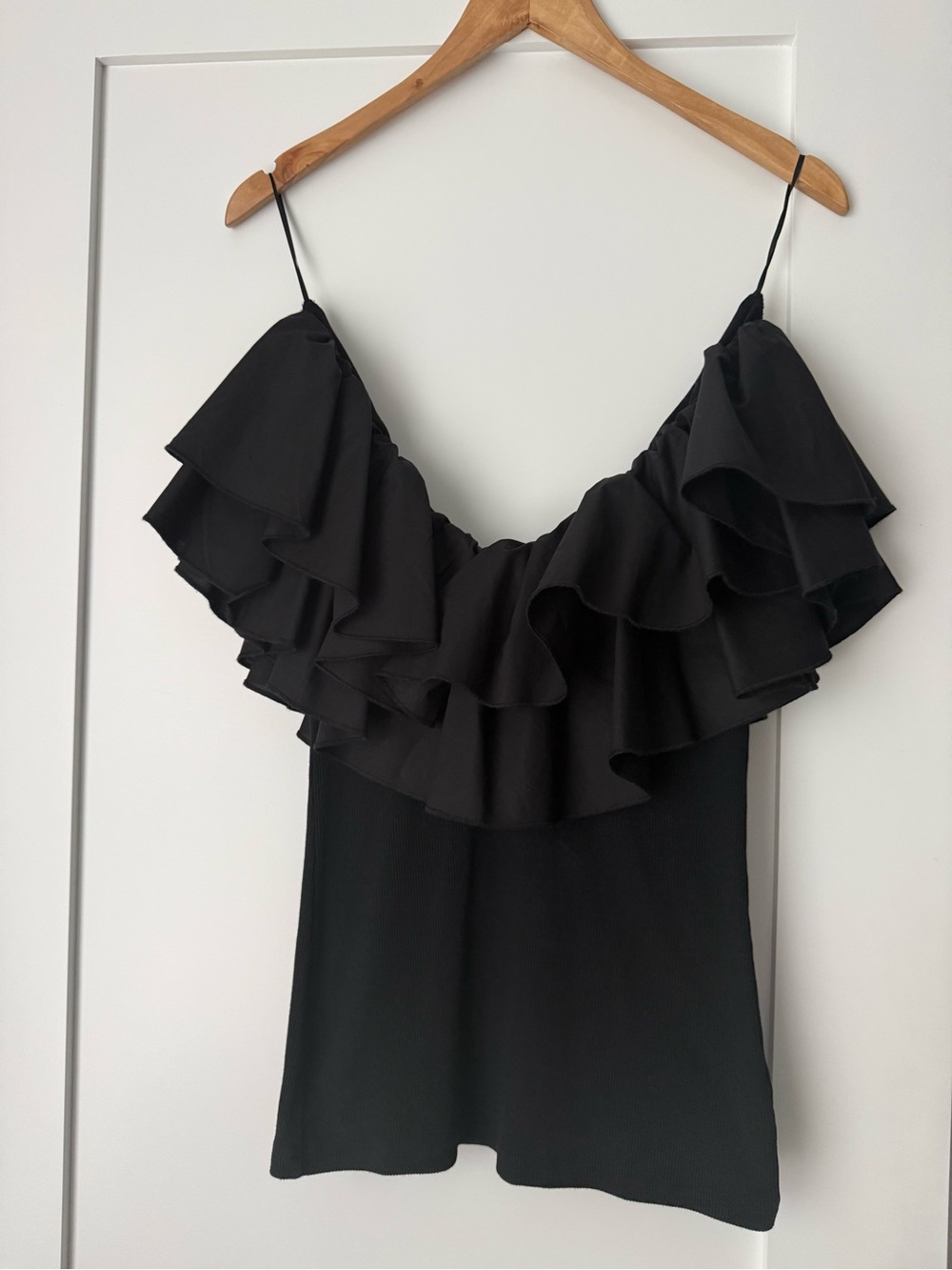 Women's Black Ruffle Camisole with Adjustable Straps